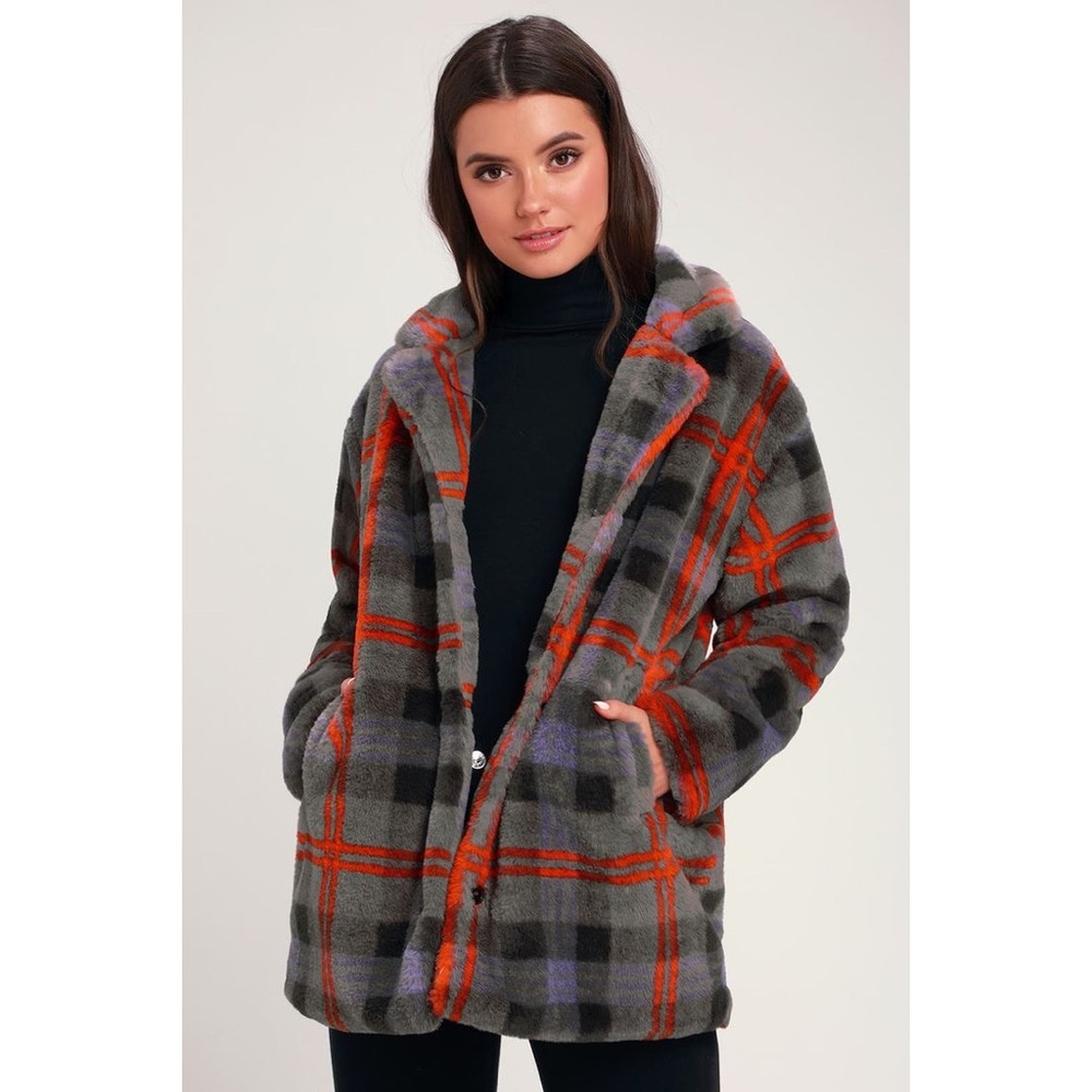 Lulus Plaid Faux Fur Coat - Picture 1 of 4